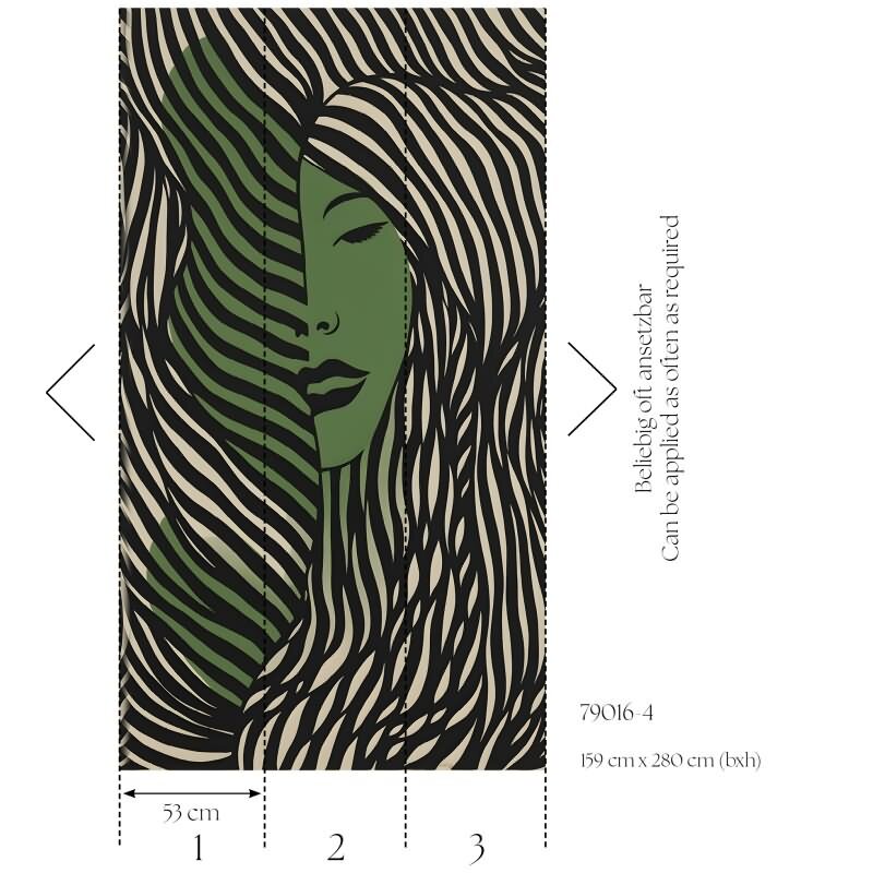 Fototapete Gesicht Illustration Schwarz Grün moderne Vliestapete (KG-171840)