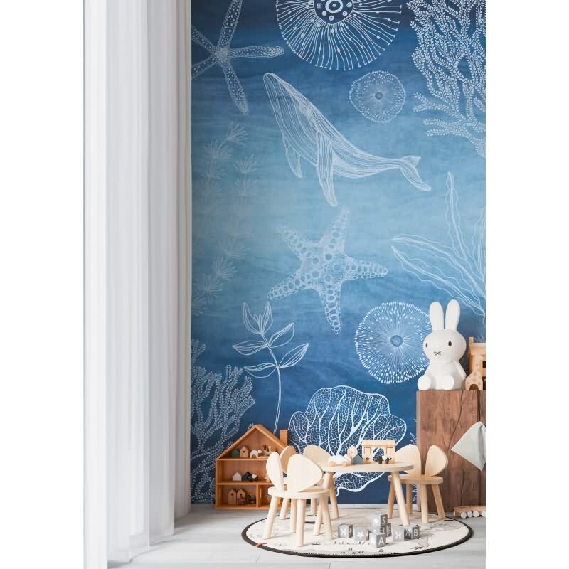 Kinderzimmer Fototapete Meereswelt Blau Weiß Vliestapete mit Wal (KG-172151)