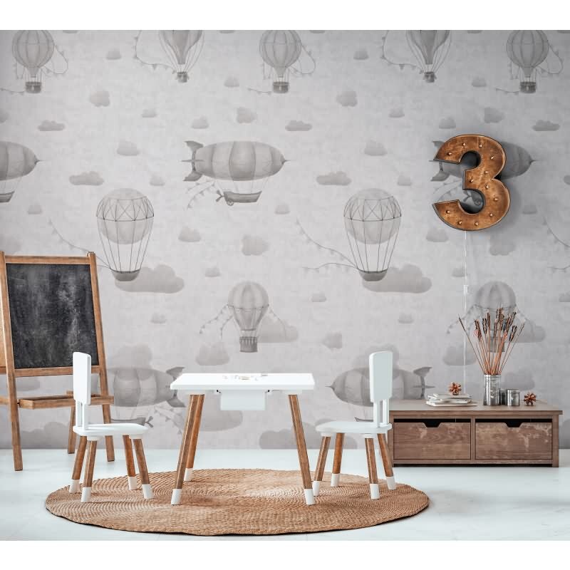Fototapete Heißluftballons Grau Weiß Vliestapete fürs Kinderzimmer (KG-172153)