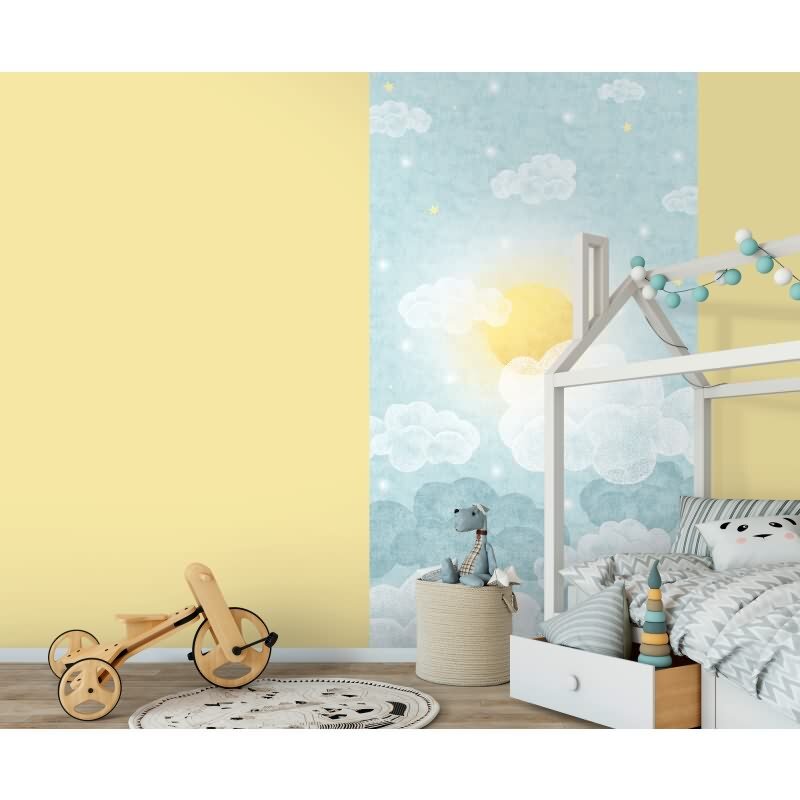 Fototapete Wolkenhimmel Hellblau Gelb Kinderzimmer Tapete mit Sonne (KG-172156)