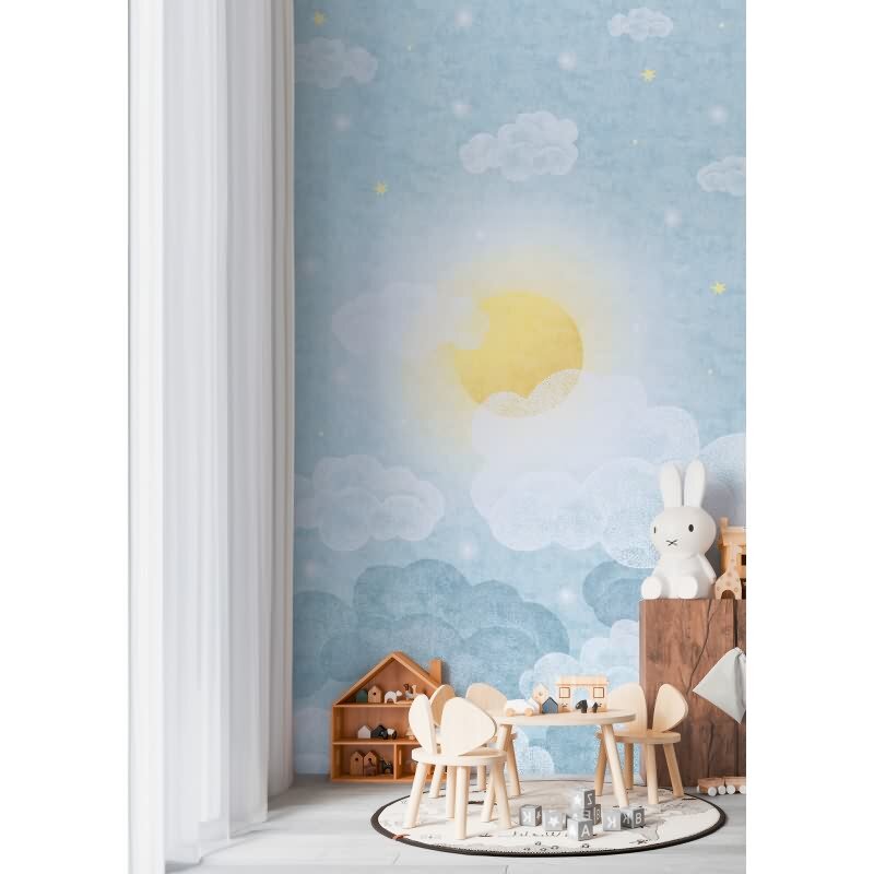 Fototapete Wolkenhimmel Hellblau Gelb Kinderzimmer Tapete mit Sonne (KG-172156)