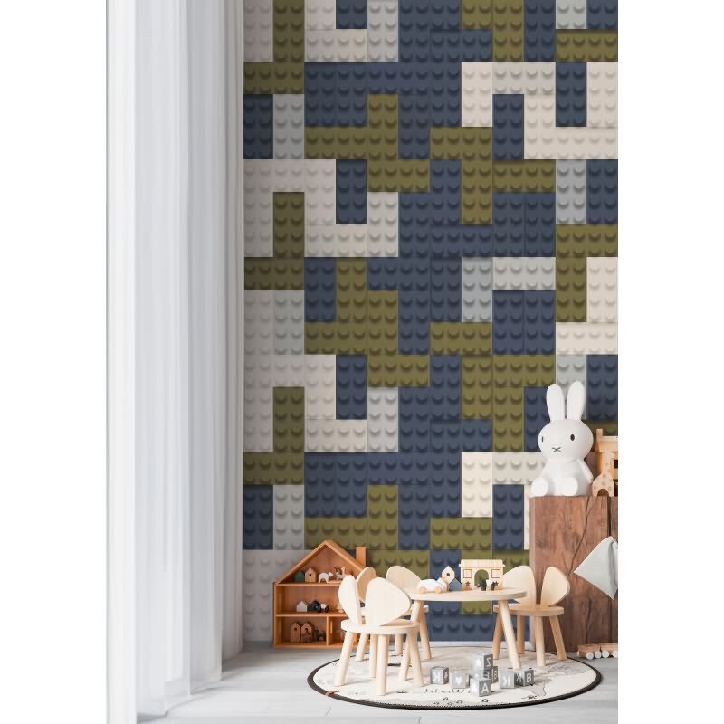 Fototapete Baustein-Muster Grau Blau Grün Kinderzimmer Tapete Klemmbausteine (KG-172157)