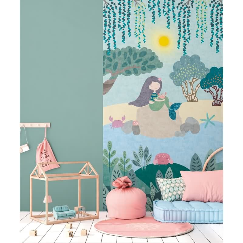 Meerjungfrau Tapete für Kinderzimmer Blau Grün Märchenhafte Fototapete Mädchenzimmer (KG-172159)