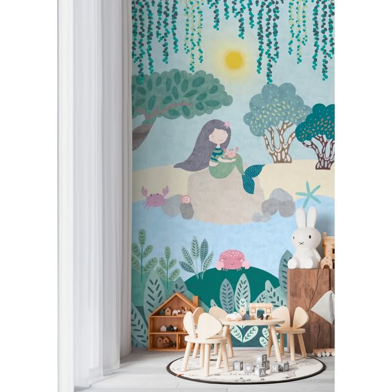 Meerjungfrau Tapete für Kinderzimmer Blau Grün Märchenhafte Fototapete Mädchenzimmer (KG-172159)