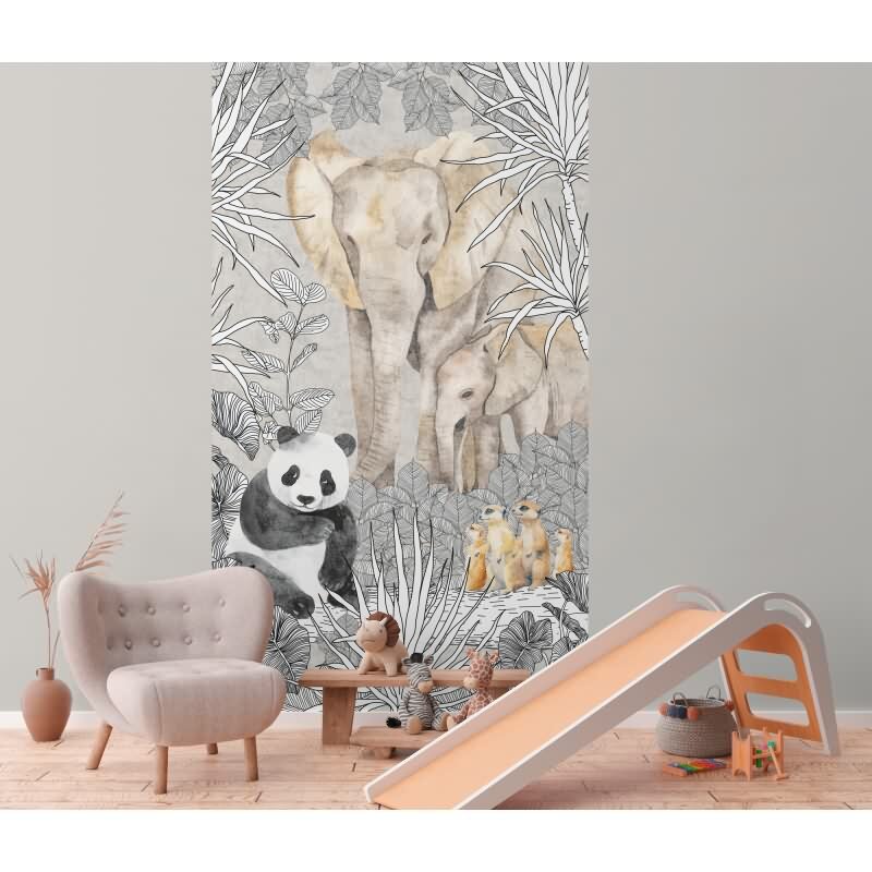 Tierwelt Fototapete Safari Grau Bunt Dschungeltiere Panda Elefant Erdmännchen Vliestapete (KG-172162)