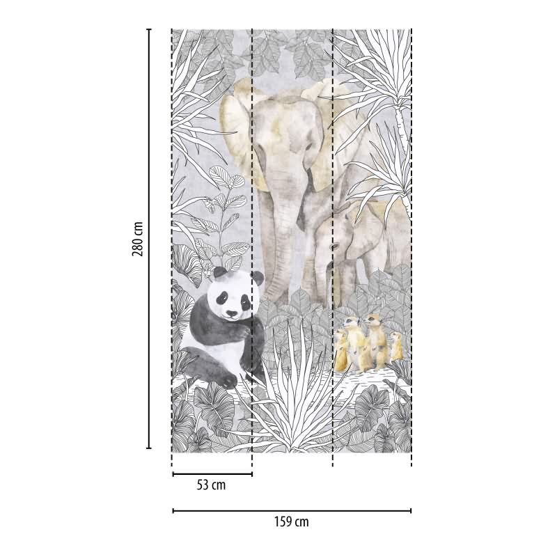 Tierwelt Fototapete Safari Grau Bunt Dschungeltiere Panda Elefant Erdmännchen Vliestapete (KG-172162)