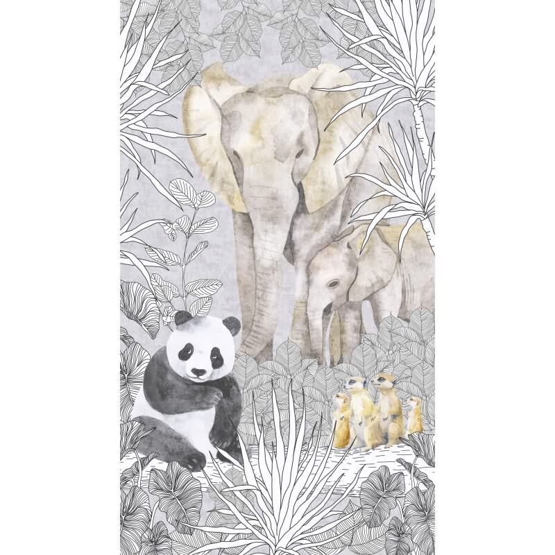Tierwelt Fototapete Safari Grau Bunt Dschungeltiere Panda Elefant Erdmännchen Vliestapete (KG-172162)