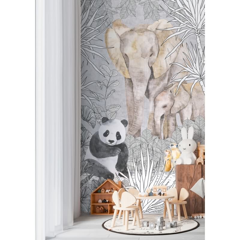 Tierwelt Fototapete Safari Grau Bunt Dschungeltiere Panda Elefant Erdmännchen Vliestapete (KG-172162)