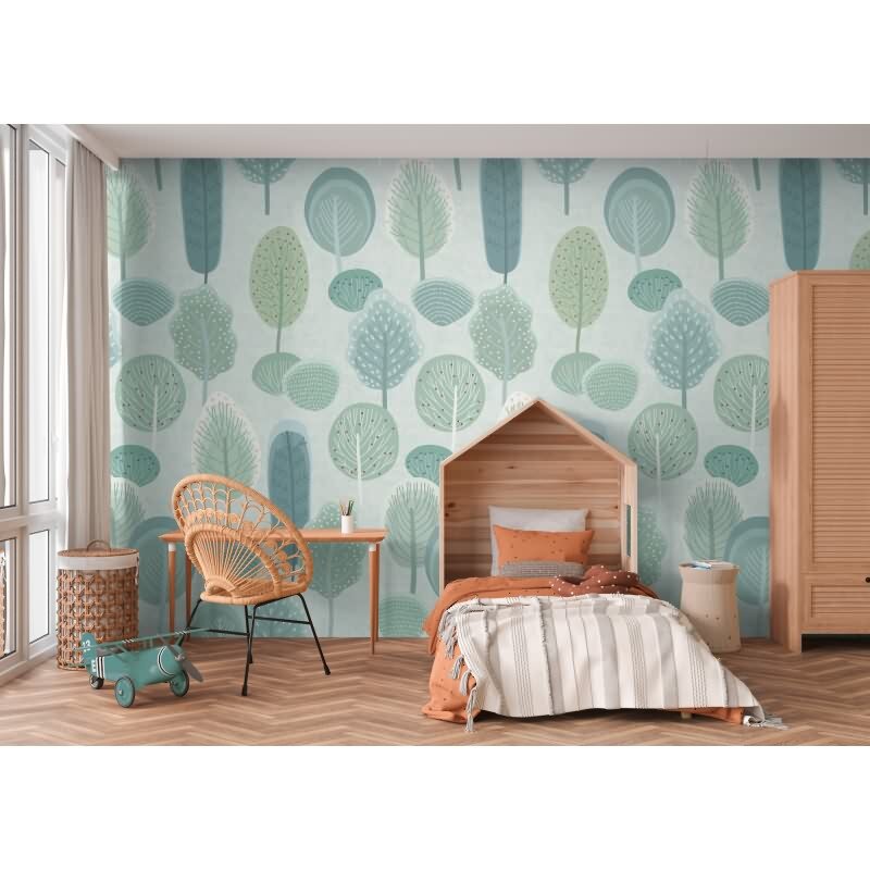 Wald Fototapete in Pastelloptik Grün Blau KinderzimmerTapete Bäume Vliestapete (KG-172163)