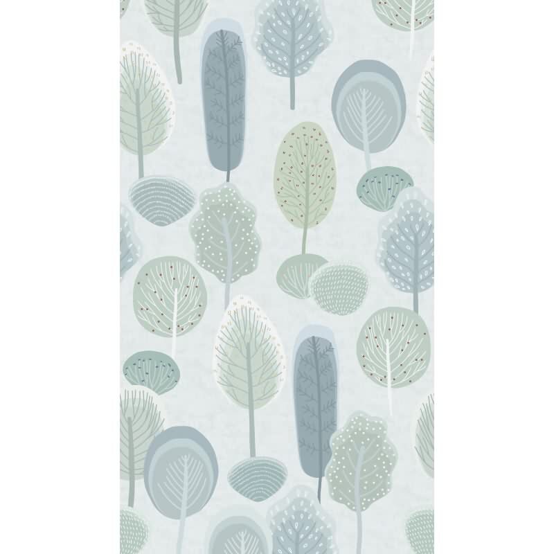 Wald Fototapete in Pastelloptik Grün Blau KinderzimmerTapete Bäume Vliestapete (KG-172163)