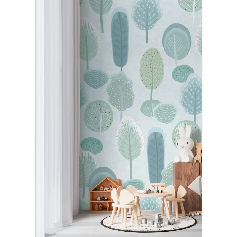 Wald Fototapete in Pastelloptik Grün Blau KinderzimmerTapete Bäume Vliestapete (KG-172163)