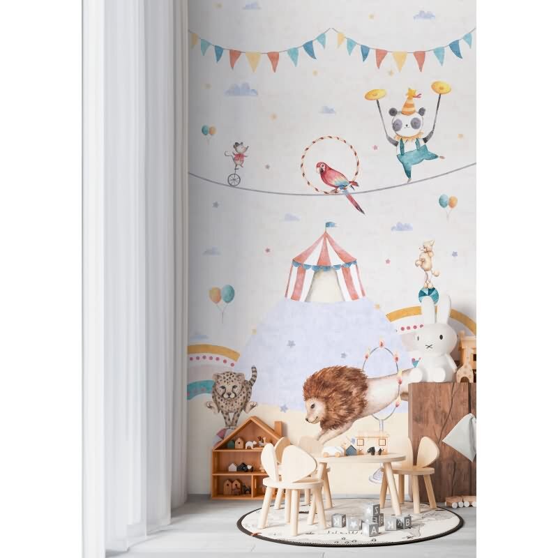 Zirkus Fototapete für Kinderzimmer Bunt Tiere und Zirkuszelt Vliestapete (KG-172164)