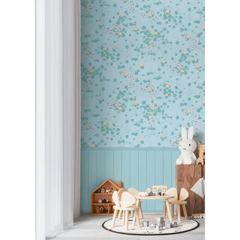 Fototapete Seerosen Blau Grün Wasserpflanzen mit Holzpaneel Vliestapete (KG-172165)