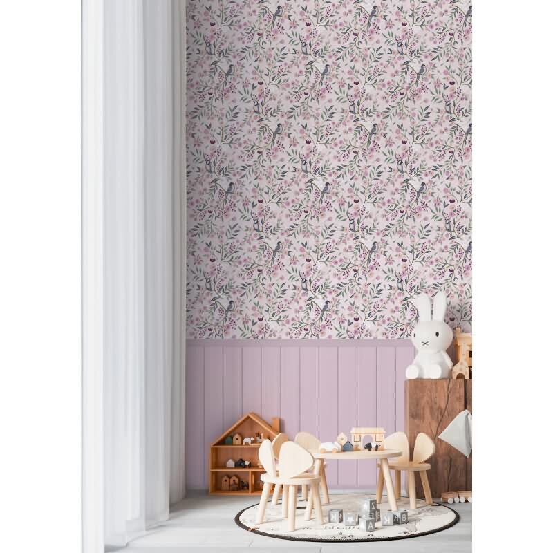 Fototapete Vögel Zweige Rosa florales Muster mit Holzpaneel Landhaus Vliestapete (KG-172166)