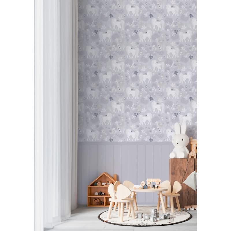 Einhorn Fototapete Grau Vliestapete mit Holzpaneel Märchenhafte Tapete für Kinderzimmer (KG-172168)