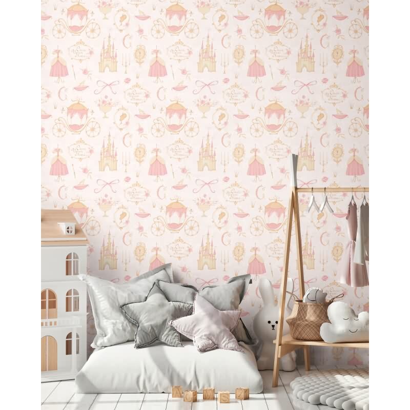 PrinzessinnenTapete Rosa Beige Kindertapete mit Schloss Kutsche Vliestapete (KG-172178)