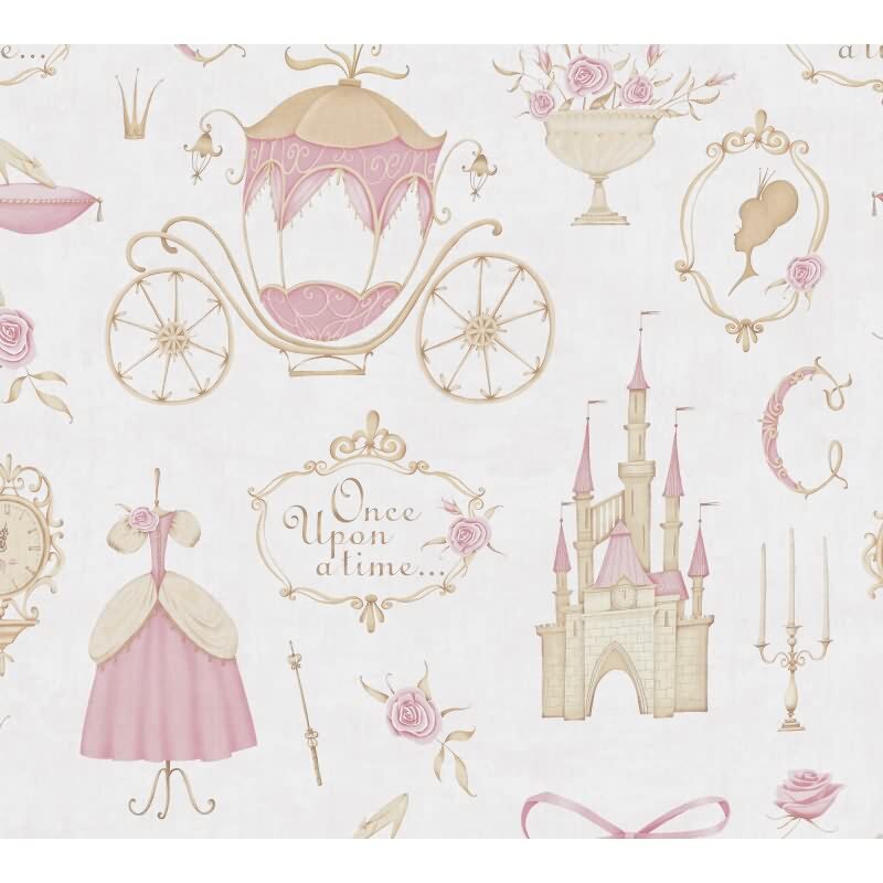 PrinzessinnenTapete Rosa Beige Kindertapete mit Schloss Kutsche Vliestapete (KG-172178)