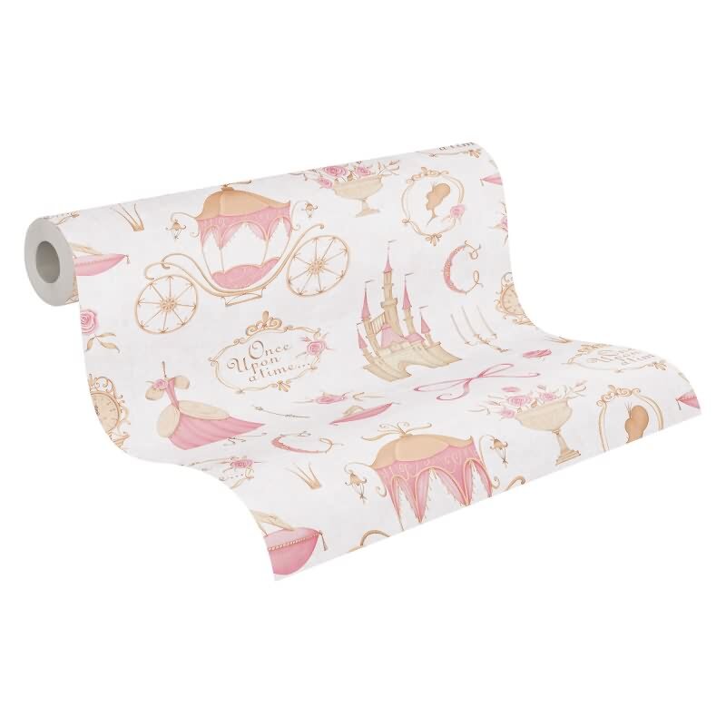 PrinzessinnenTapete Rosa Beige Kindertapete mit Schloss Kutsche Vliestapete (KG-172178)