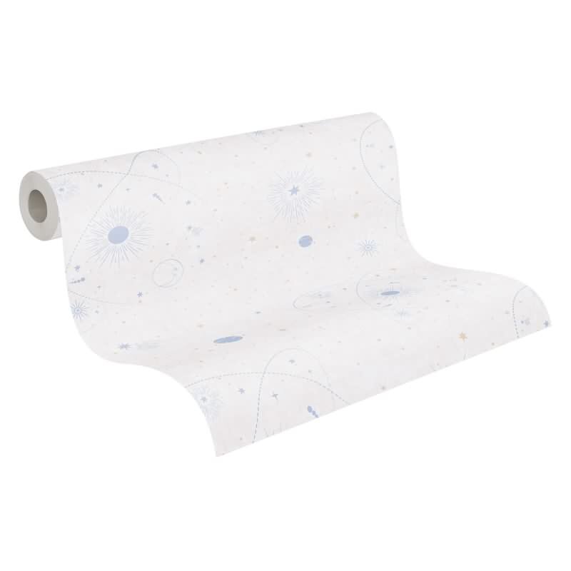 Weltraum Tapete Creme Blau Kindertapete mit Sternen Planeten Jungen Kinderzimmer Vliestapete Weltall (KG-172179)
