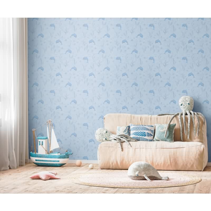 DelfinTapete Hellblau Kindertapete mit Meeresmotiven Unterwasser Vliestapete Kinderzimmer (KG-172181)
