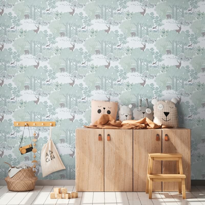 Wald-Tapete mit Tieren Grün Grau Kindertapete mit Bär Hirsch Natur Vliestapete Waldtiere Kinderzimmer (KG-172182)