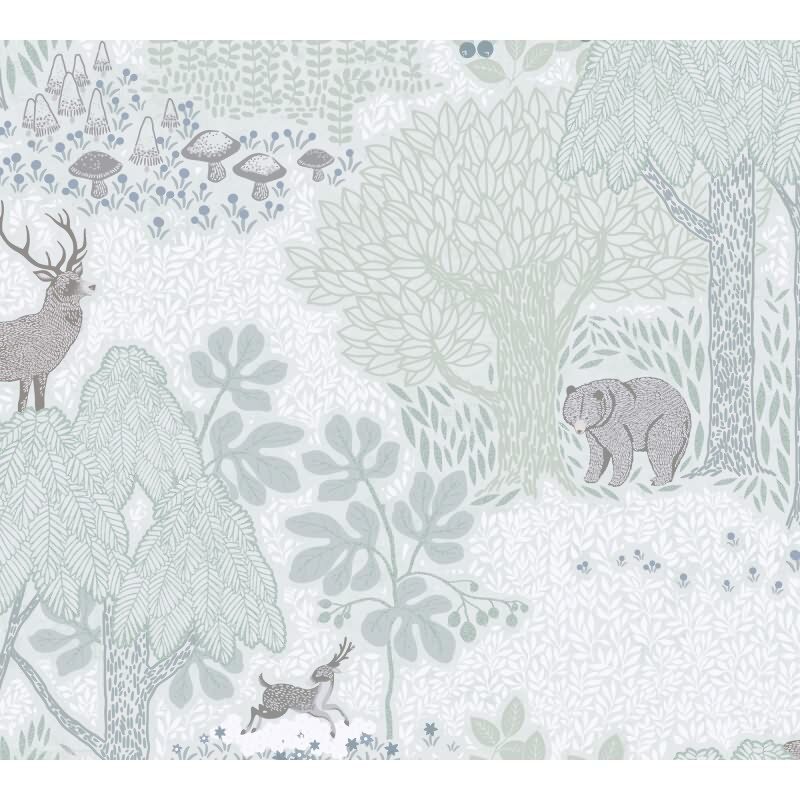 Wald-Tapete mit Tieren Grün Grau Kindertapete mit Bär Hirsch Natur Vliestapete Waldtiere Kinderzimmer (KG-172182)