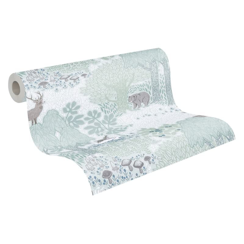 Wald-Tapete mit Tieren Grün Grau Kindertapete mit Bär Hirsch Natur Vliestapete Waldtiere Kinderzimmer (KG-172182)