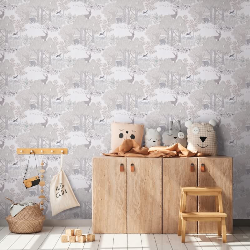 Tapete Wald mit Tieren Beige Grau Kindertapete mit Bär Hirsch Vliestapete Kinderzimmer Jungen (KG-172183)