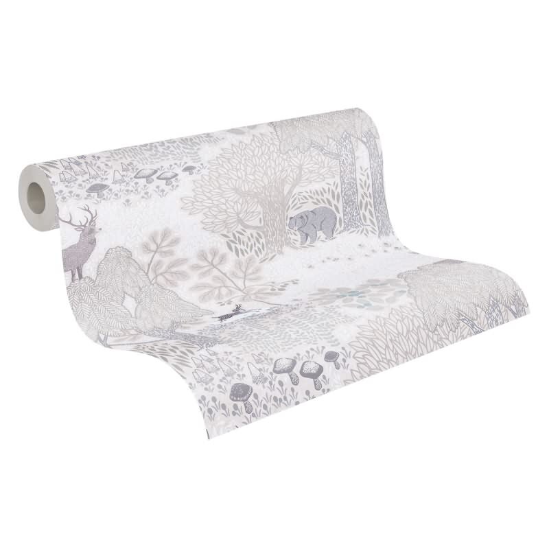 Tapete Wald mit Tieren Beige Grau Kindertapete mit Bär Hirsch Vliestapete Kinderzimmer Jungen (KG-172183)