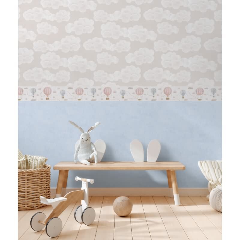 Heißluftballon Borte Rosa Blau Beige Kinderzimmer Vlies-Bordüre mit Wimpeln (KG-172186)