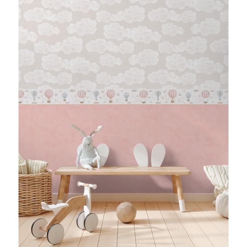 Heißluftballon Borte Rosa Blau Beige Kinderzimmer Vlies-Bordüre mit Wimpeln (KG-172186)