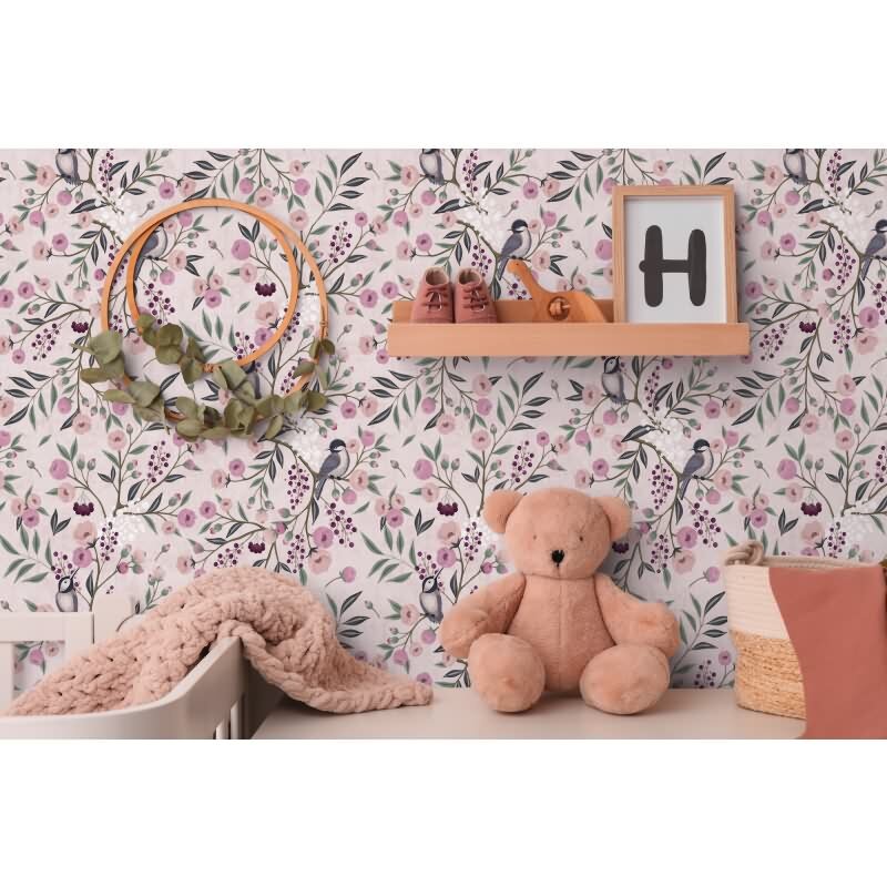 Florale Mustertapete Rosa Violett Vögel und Blüten Landhaus Kinderzimmer Vliestapete (KG-172187)