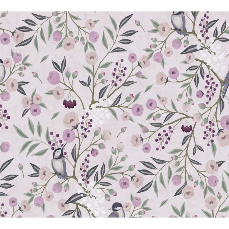 Florale Mustertapete Rosa Violett Vögel und Blüten Landhaus Kinderzimmer Vliestapete (KG-172187)