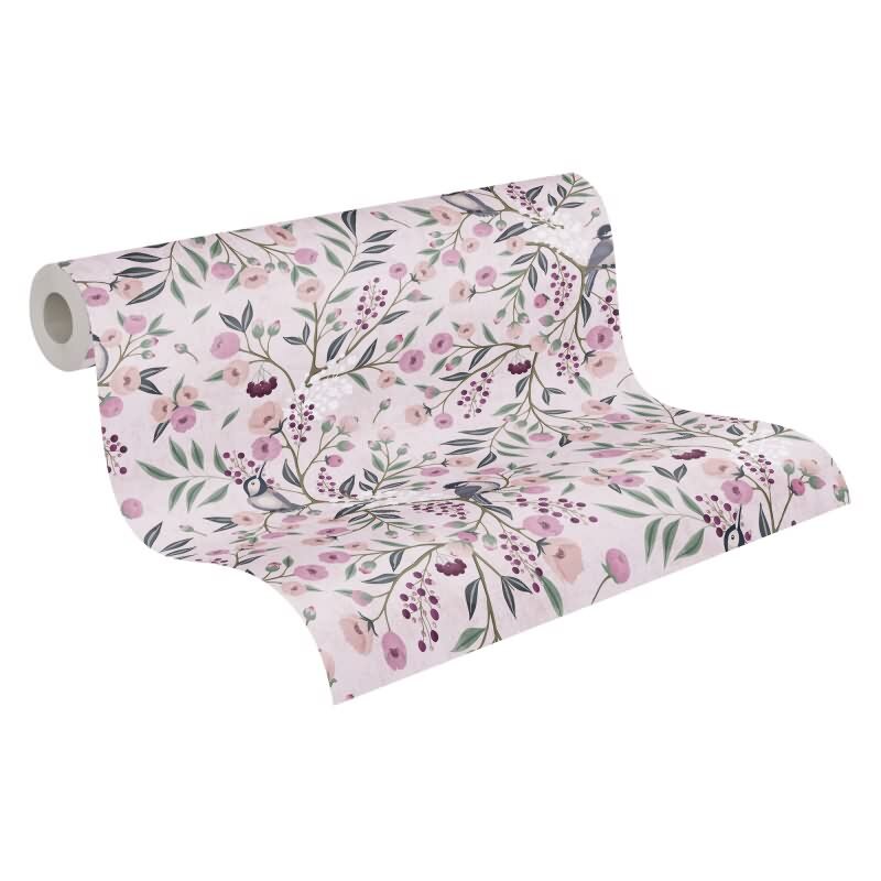Florale Mustertapete Rosa Violett Vögel und Blüten Landhaus Kinderzimmer Vliestapete (KG-172187)