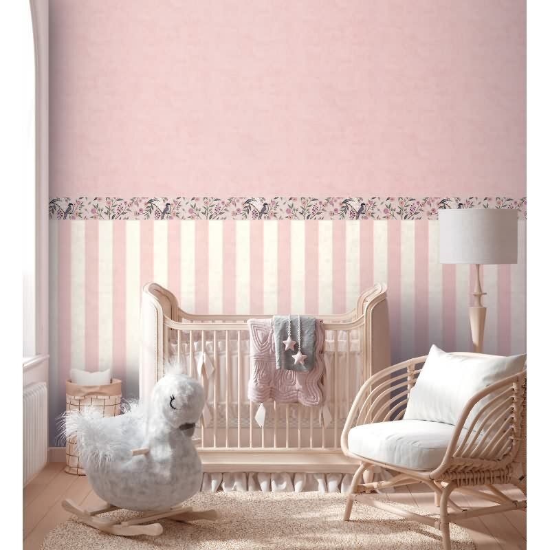 Tapetenbordüre Rosa Violett mit Vogel Blütenranke Naturmotiv Kinderzimmer Vlies-Borte Landhaus (KG-172188)