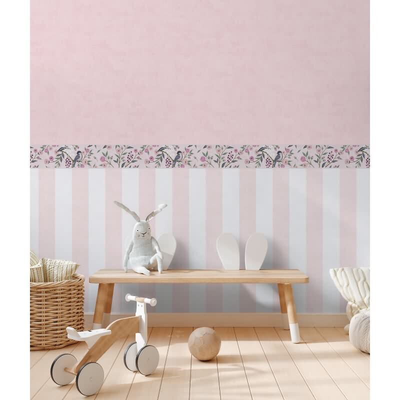 Tapetenbordüre Rosa Violett mit Vogel Blütenranke Naturmotiv Kinderzimmer Vlies-Borte Landhaus (KG-172188)