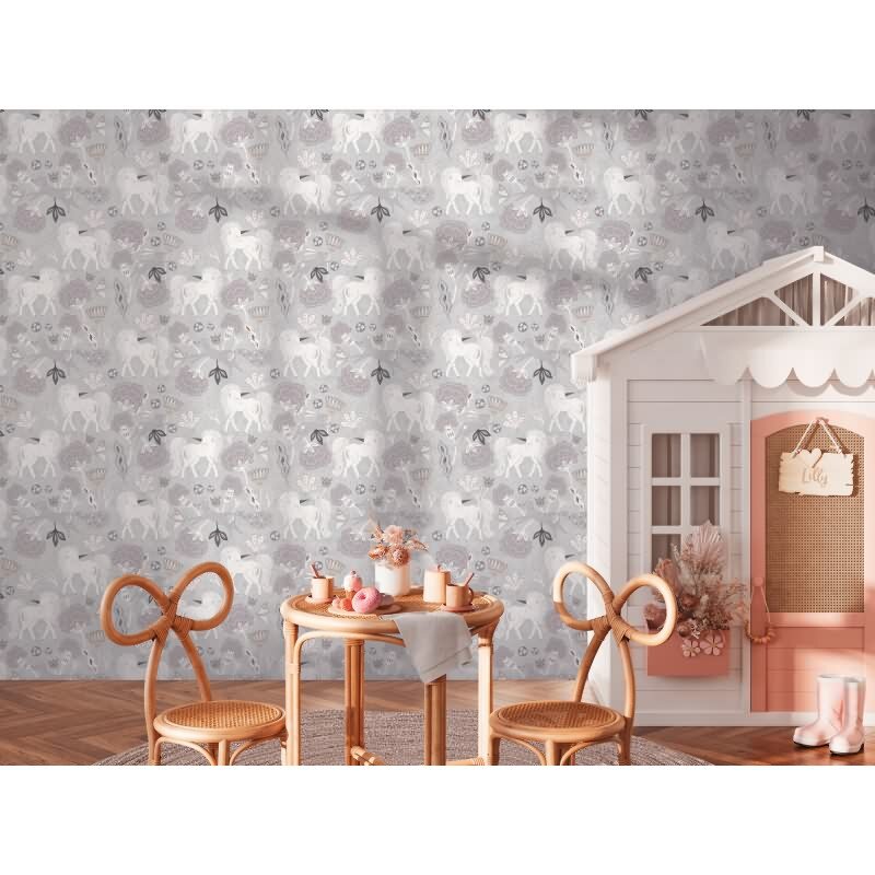 Einhorn-Tapete Grau Fantasie-Muster Vliestapete Mädchen Kinderzimmer (KG-172189)