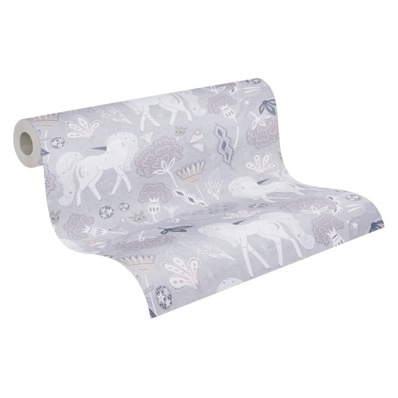 Einhorn-Tapete Grau Fantasie-Muster Vliestapete Mädchen Kinderzimmer (KG-172189)