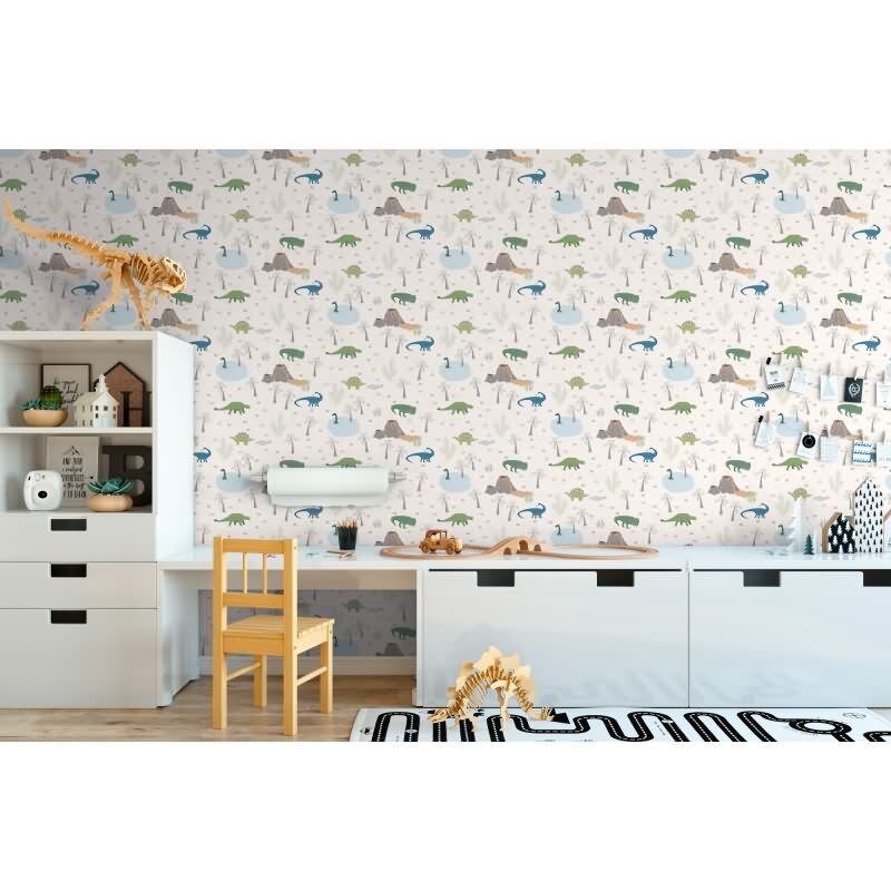 Dino Tapete Kinderzimmer Jungen Tapete Bunt Beige Grün Blau Vliestapete mit Vulkan und Dinosauriern (KG-172193)