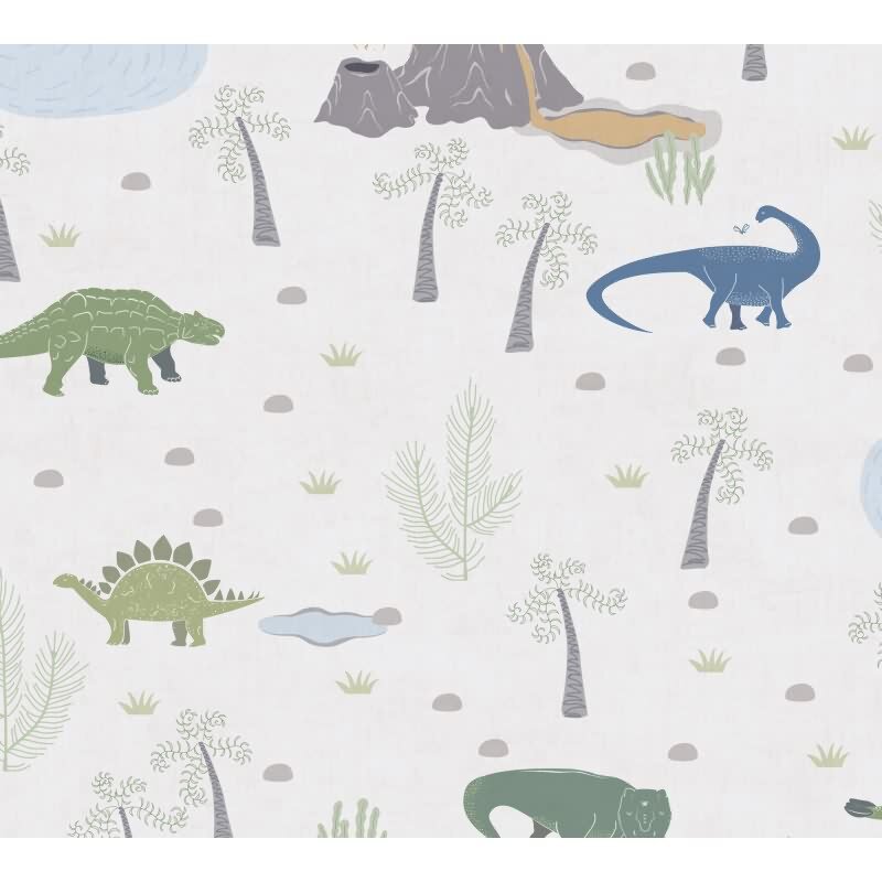 Dino Tapete Kinderzimmer Jungen Tapete Bunt Beige Grün Blau Vliestapete mit Vulkan und Dinosauriern (KG-172193)