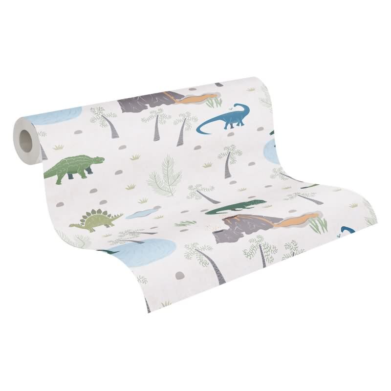 Dino Tapete Kinderzimmer Jungen Tapete Bunt Beige Grün Blau Vliestapete mit Vulkan und Dinosauriern (KG-172193)