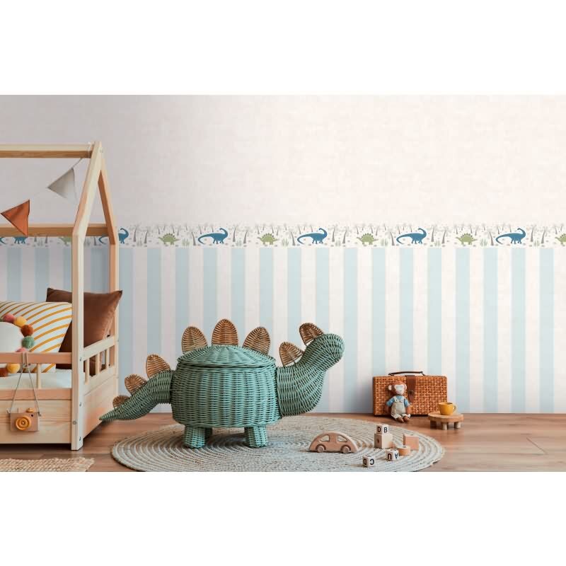 Dino Bordüre Kinderzimmer Beige Grün Blau Kindertapete Dinosaurier Vliestapete mit Vulkan (KG-172194)