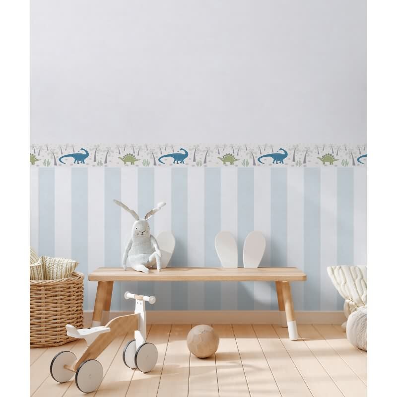 Dino Bordüre Kinderzimmer Beige Grün Blau Kindertapete Dinosaurier Vliestapete mit Vulkan (KG-172194)