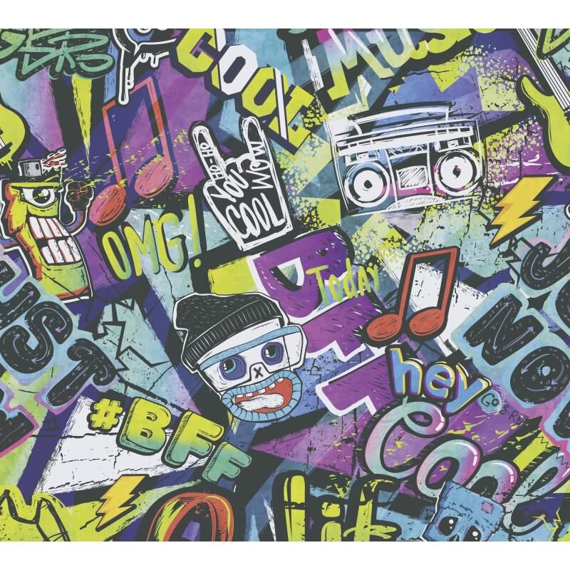 Graffiti-Tapete bunt Comic-Stil Mustertapete Streetart Look Vliestapete Jugendzimmer Jungen (KG-172195)