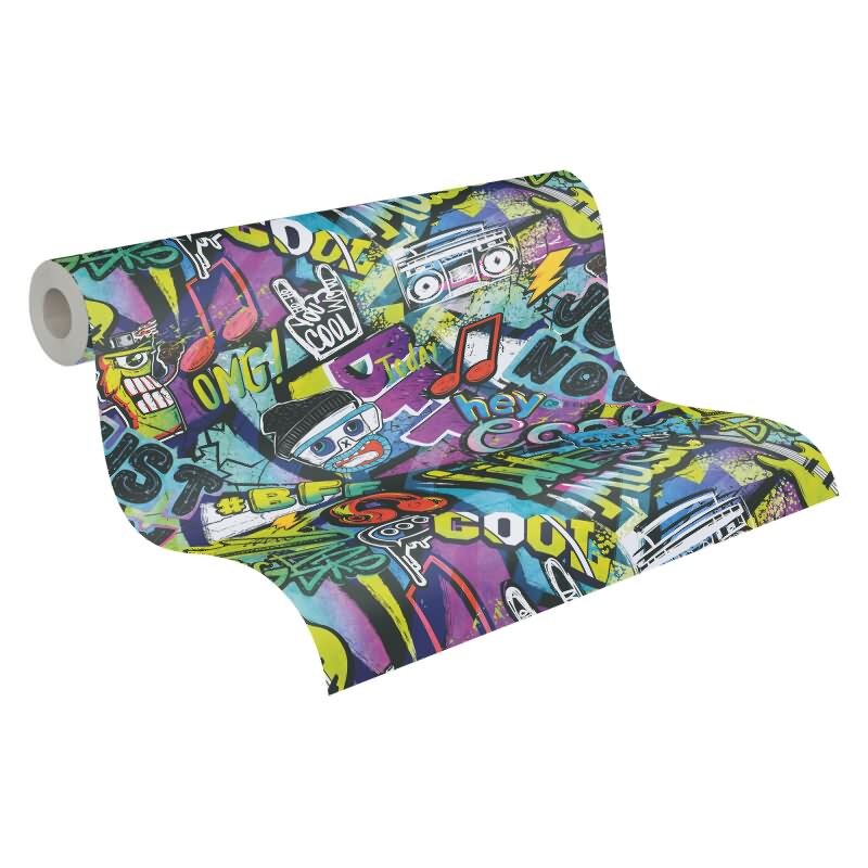 Graffiti-Tapete bunt Comic-Stil Mustertapete Streetart Look Vliestapete Jugendzimmer Jungen (KG-172195)