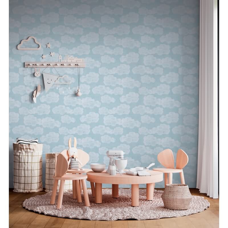 Wolken-Tapete Hellblau Weiß Kinderzimmer Tapete mit Himmelsmotiv Jungen Vliestapete (KG-172196)