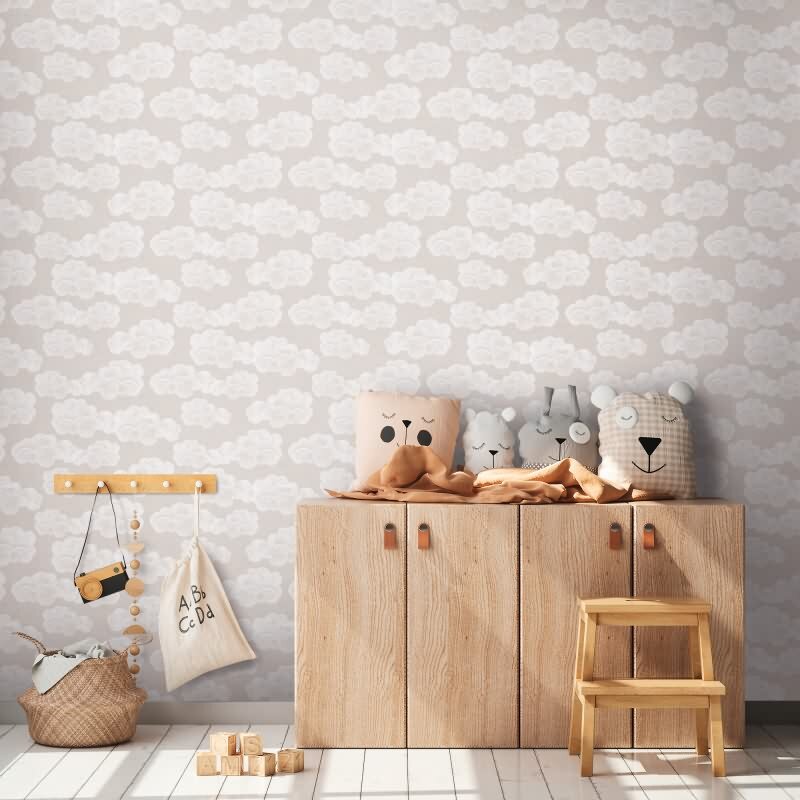 Wolken Tapete Beige Weiß Kinderzimmer Vliestapete mit Wolkenmotiv Kindertapete (KG-172198)