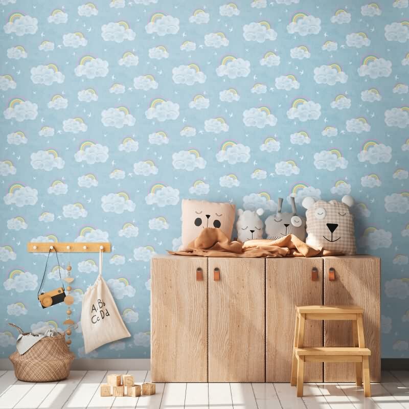Wolken Tapete mit Regenbogen Blau Bunt Kinderzimmer Tapete mit Vögeln Vliestapete (KG-172199)