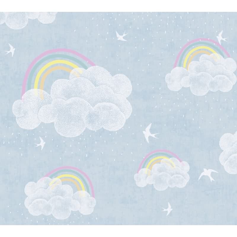 Wolken Tapete mit Regenbogen Blau Bunt Kinderzimmer Tapete mit Vögeln Vliestapete (KG-172199)