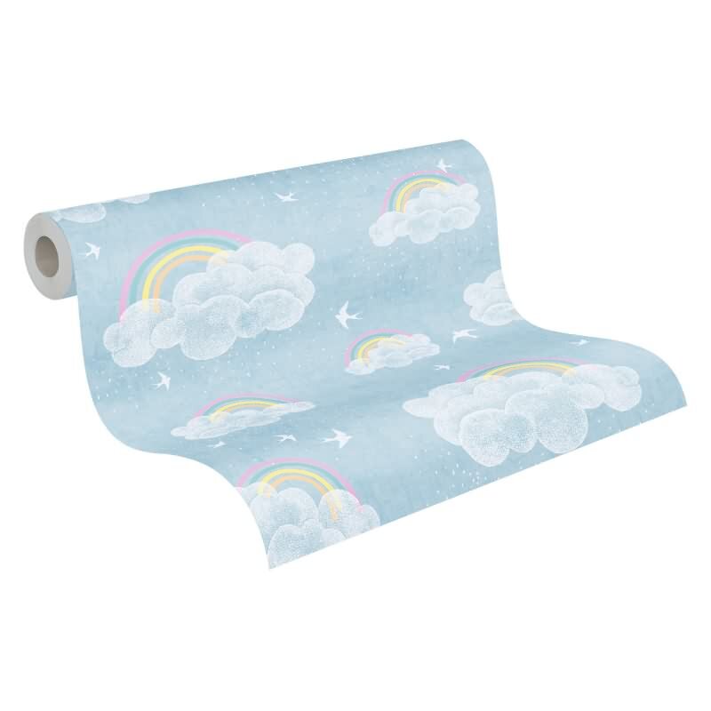 Wolken Tapete mit Regenbogen Blau Bunt Kinderzimmer Tapete mit Vögeln Vliestapete (KG-172199)